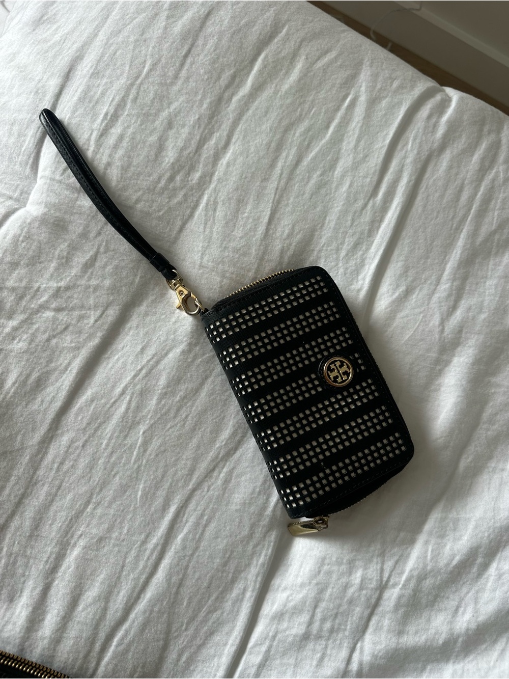 Tory Burch Black Studded Wristlet with Gold Logo